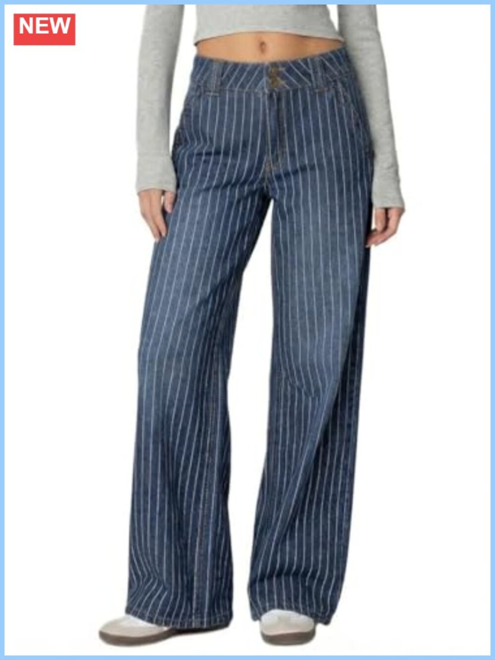 Women's Mid Rise Striped Baggy Barrel Jeans Wide Leg No Stretch Denim Pants